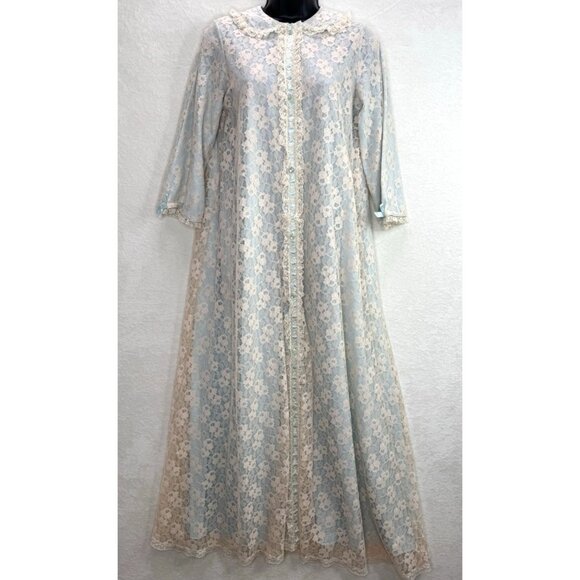 Vintage 1950's-60s Miss Elaine Women's Dressing Gown Blue with Cream Lace - Picture 1 of 12